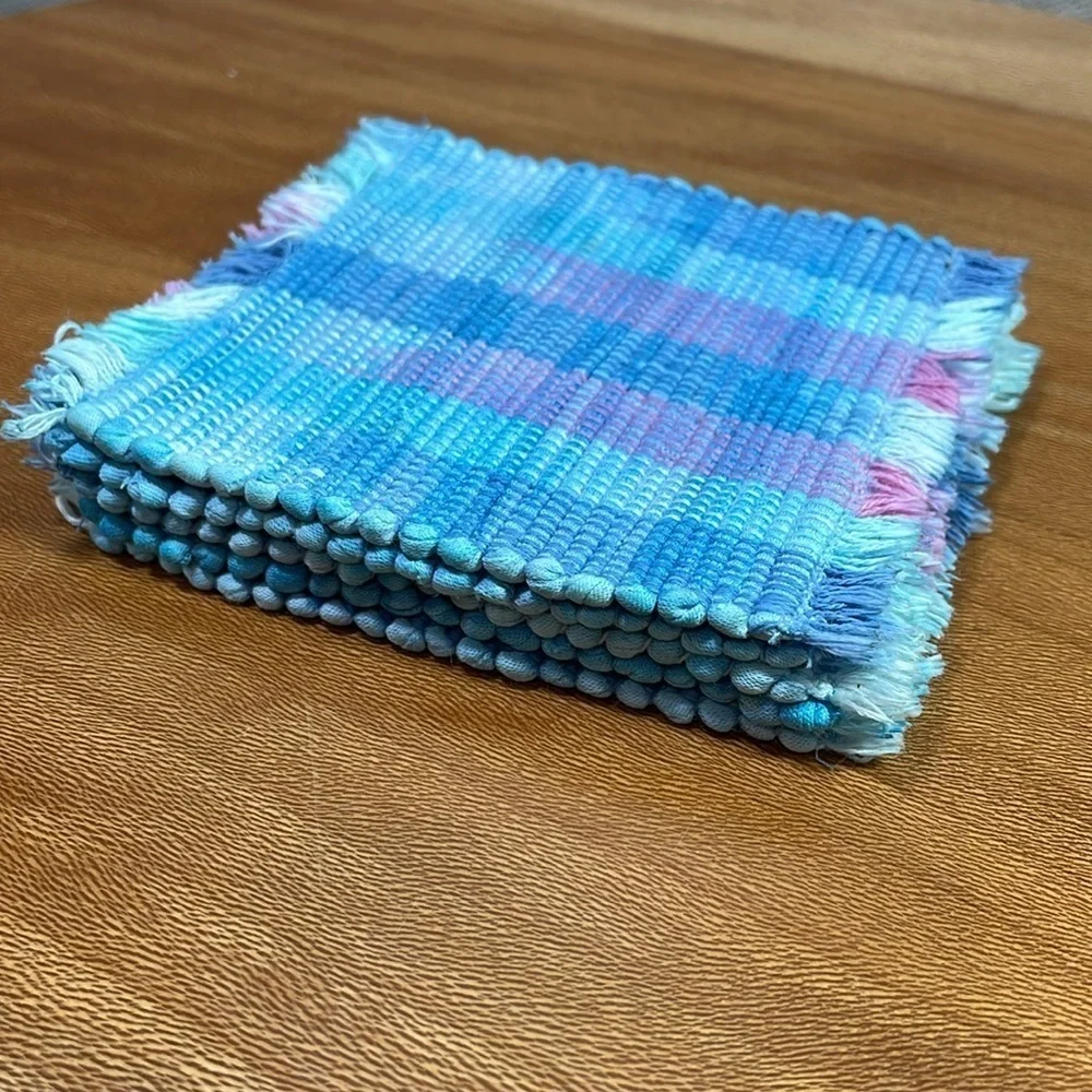Vintage 90’s Woven Mug Rugs Coaster Cup Place Mats Turquoise Pink Blue Bohemian